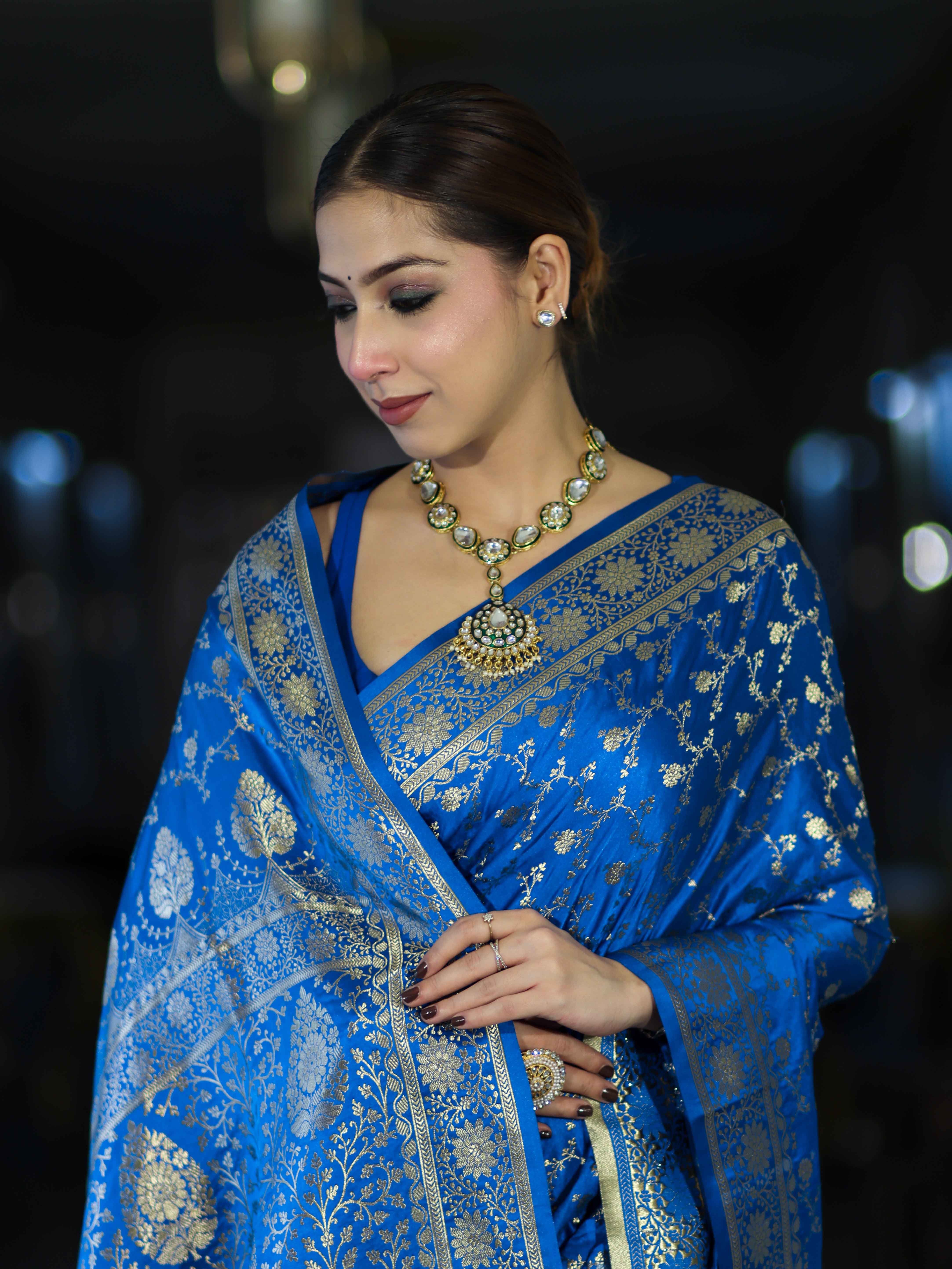 Banarasee Mashru Silk Saree With Zari Jaal Work & Floral Border-Blue