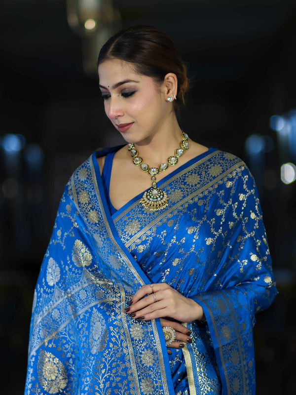 Banarasee Mashru Silk Saree With Zari Jaal Work & Floral Border-Blue