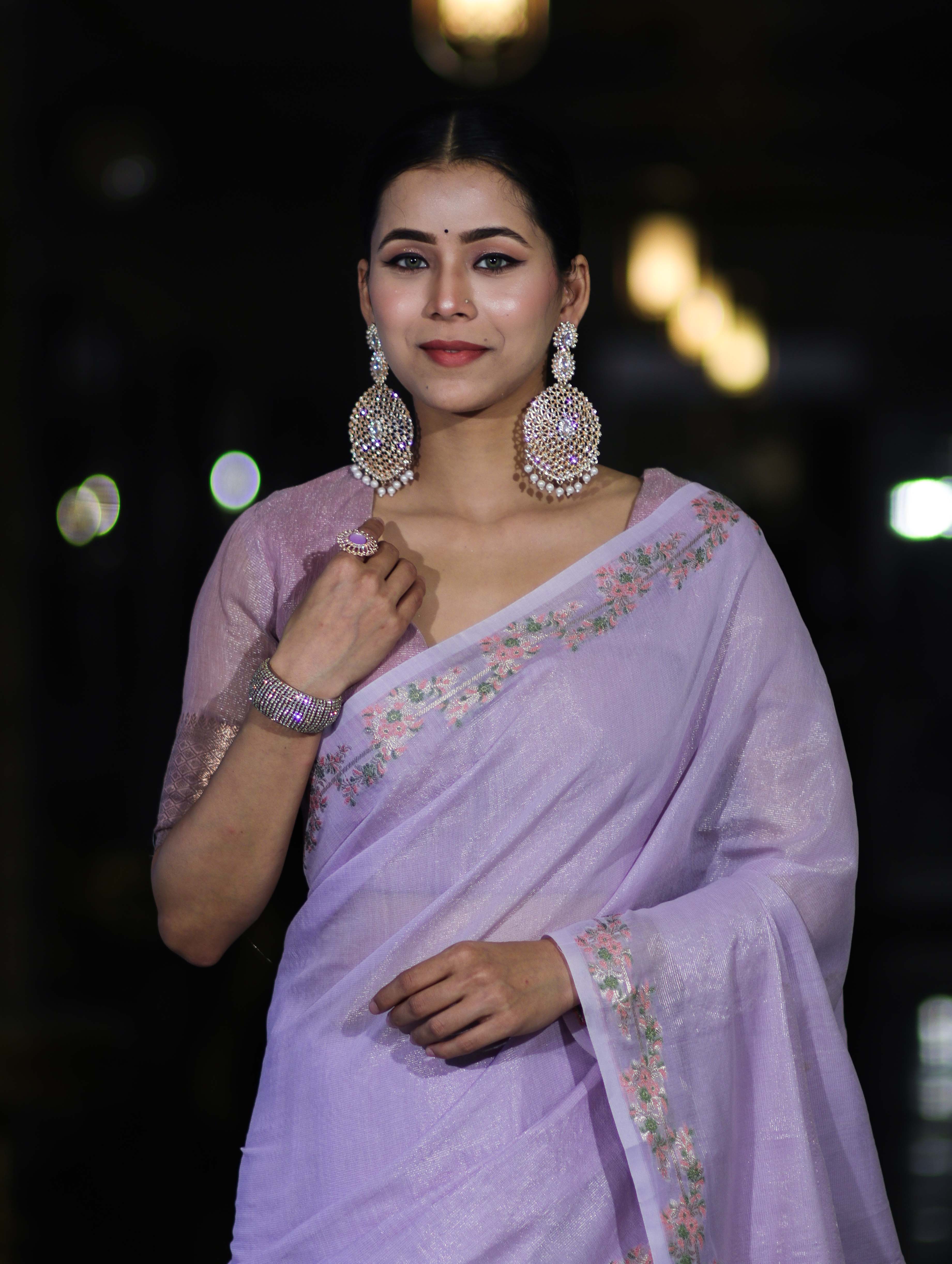 Banarasee Handloom Soft Tissue Shine Saree With Resham Floral Border-Lavender