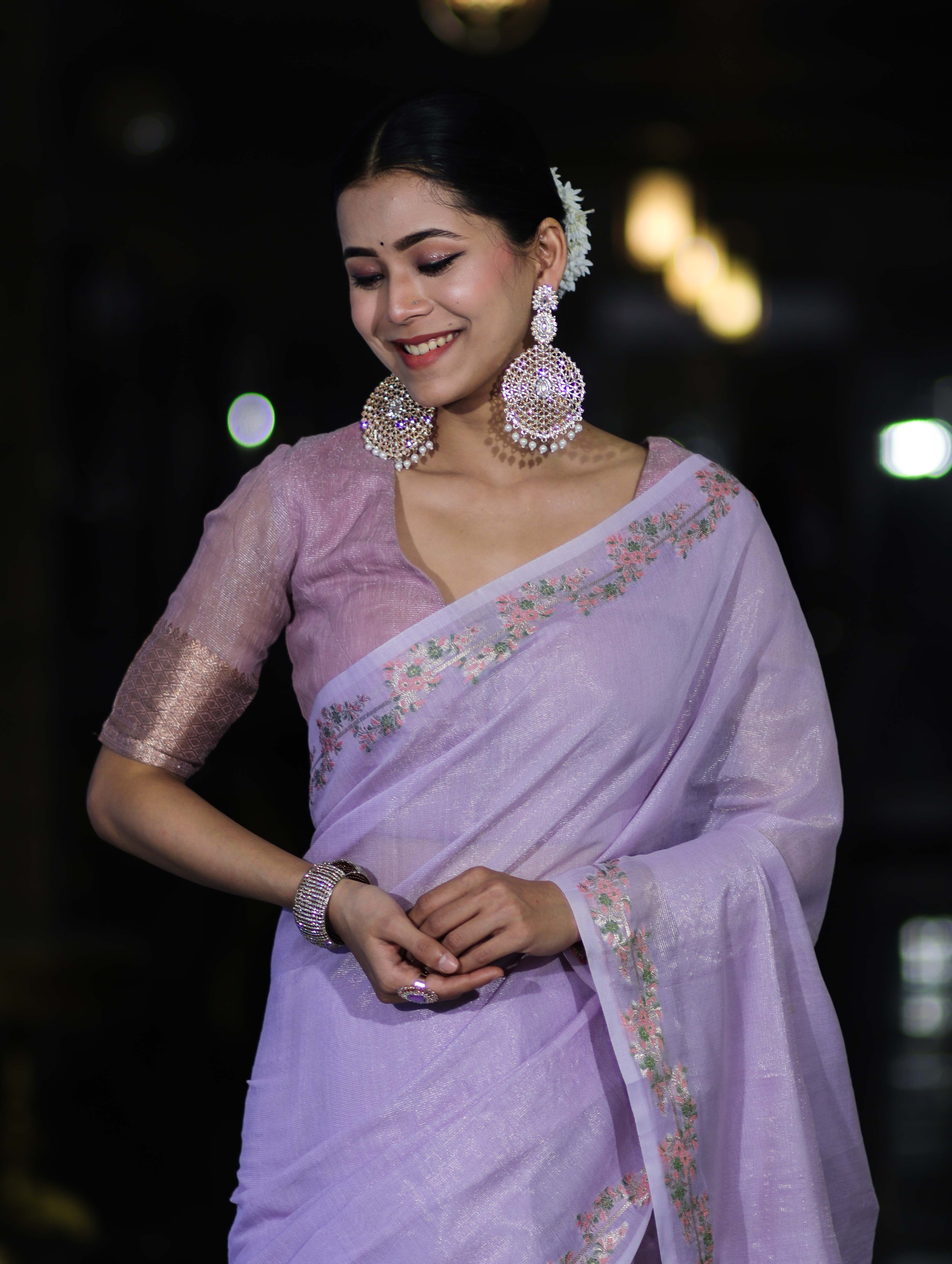 Banarasee Handloom Soft Tissue Shine Saree With Resham Floral Border-Lavender