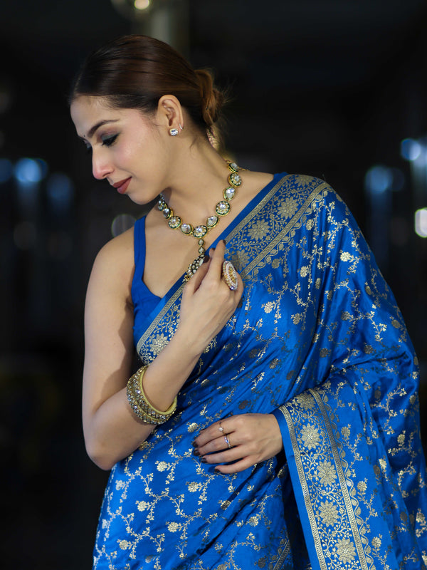 Banarasee Mashru Silk Saree With Zari Jaal Work & Floral Border-Blue