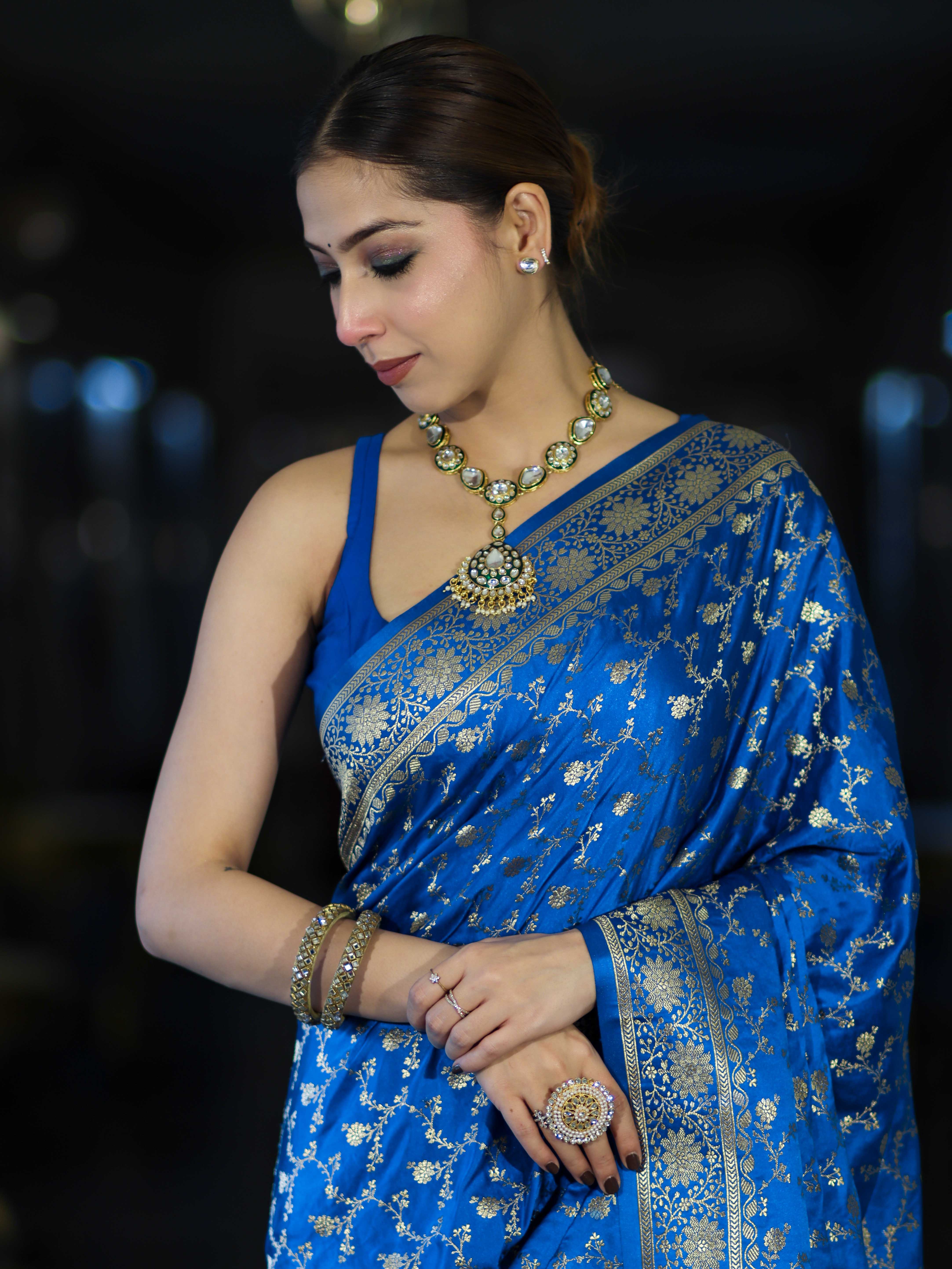 Banarasee Mashru Silk Saree With Zari Jaal Work & Floral Border-Blue