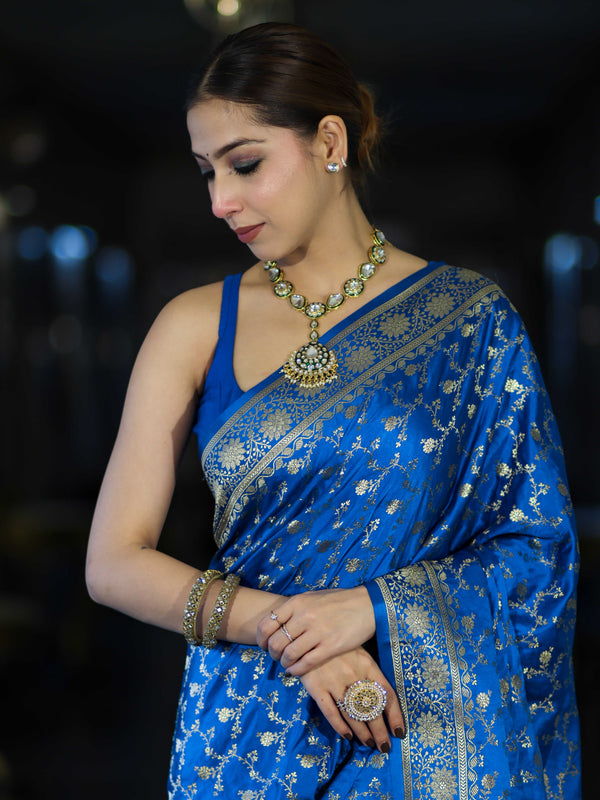 Banarasee Mashru Silk Saree With Zari Jaal Work & Floral Border-Blue