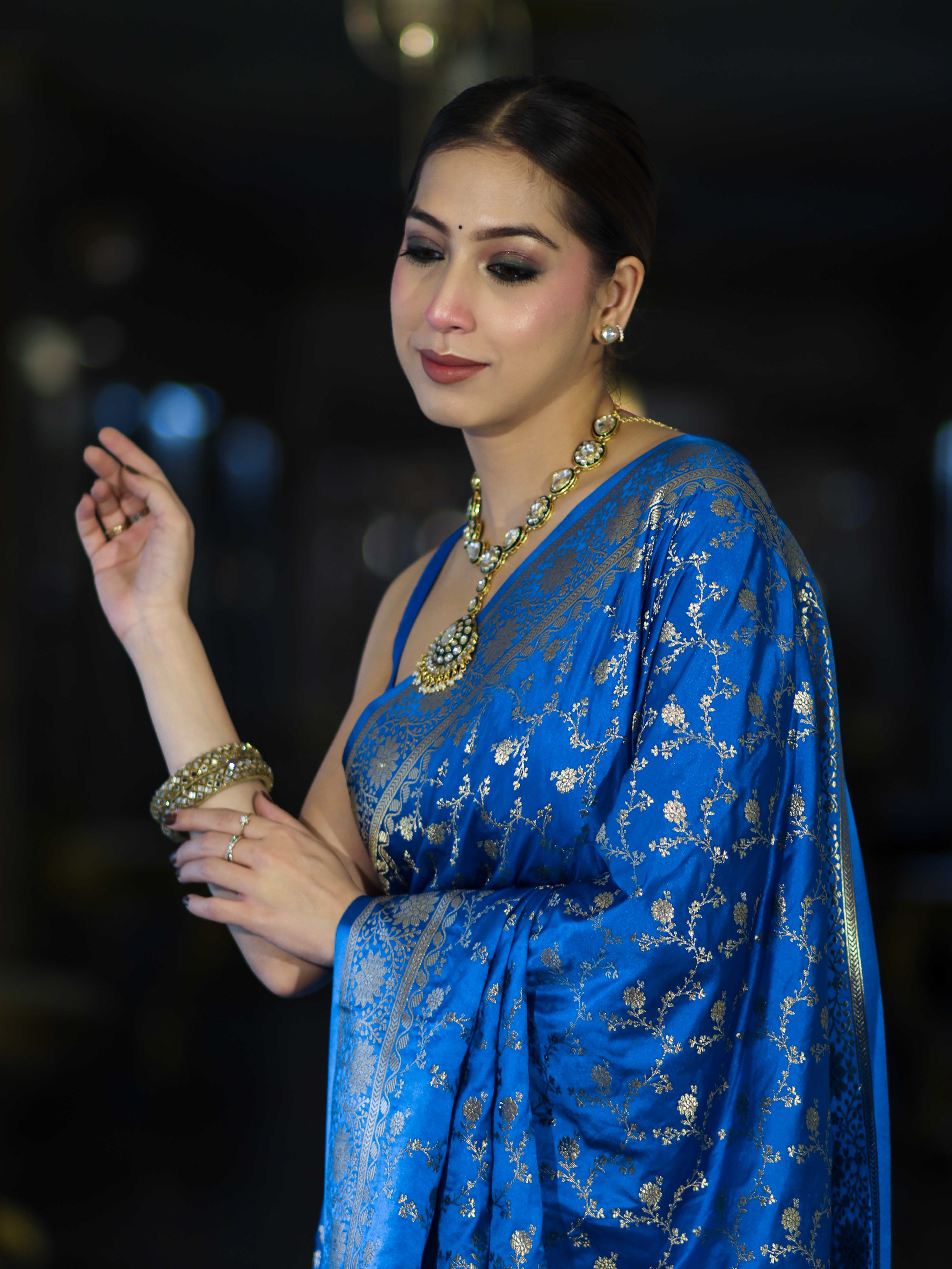 Banarasee Mashru Silk Saree With Zari Jaal Work & Floral Border-Blue