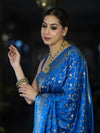 Banarasee Mashru Silk Saree With Zari Jaal Work & Floral Border-Blue