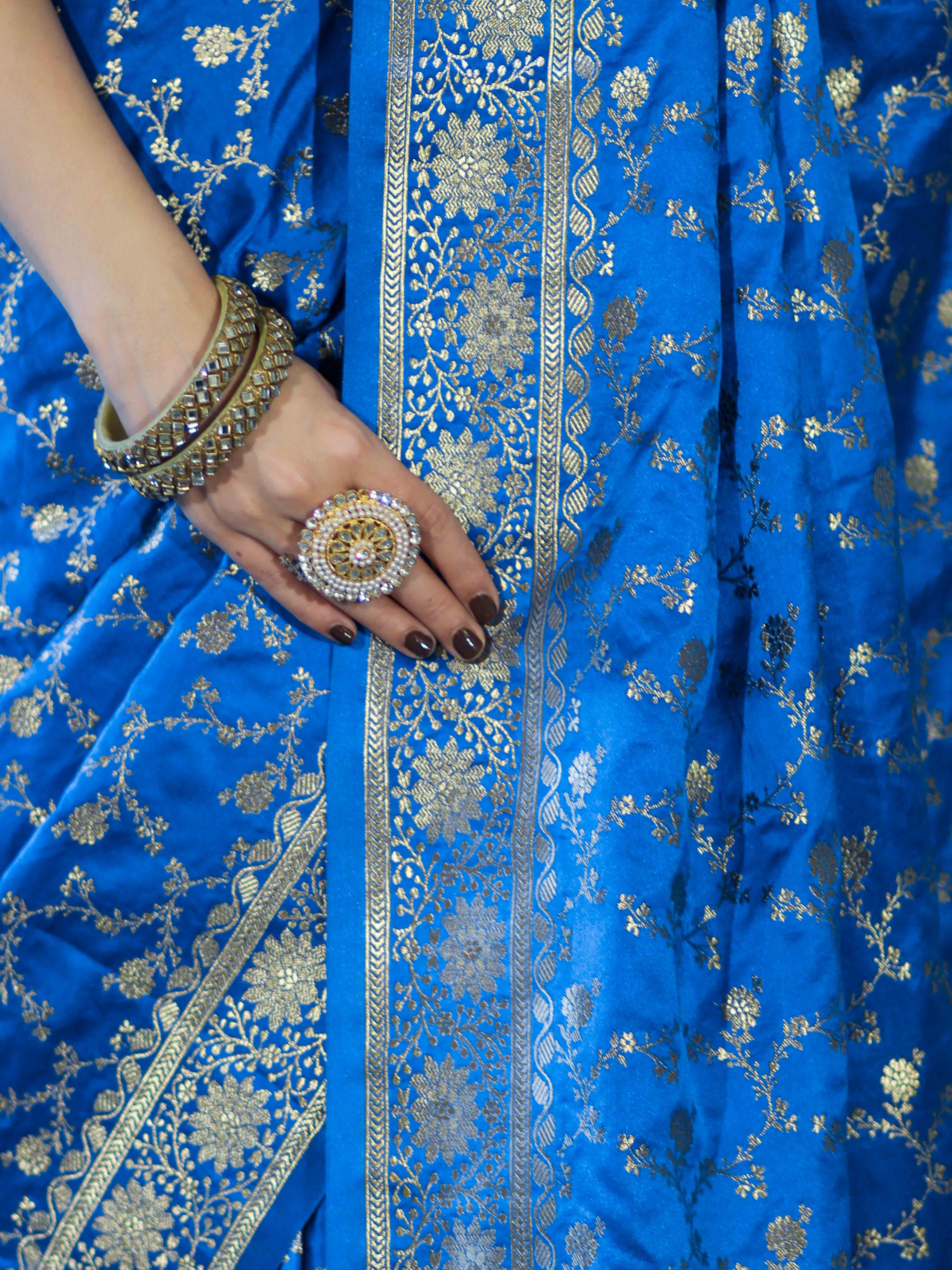 Banarasee Mashru Silk Saree With Zari Jaal Work & Floral Border-Blue