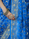 Banarasee Mashru Silk Saree With Zari Jaal Work & Floral Border-Blue