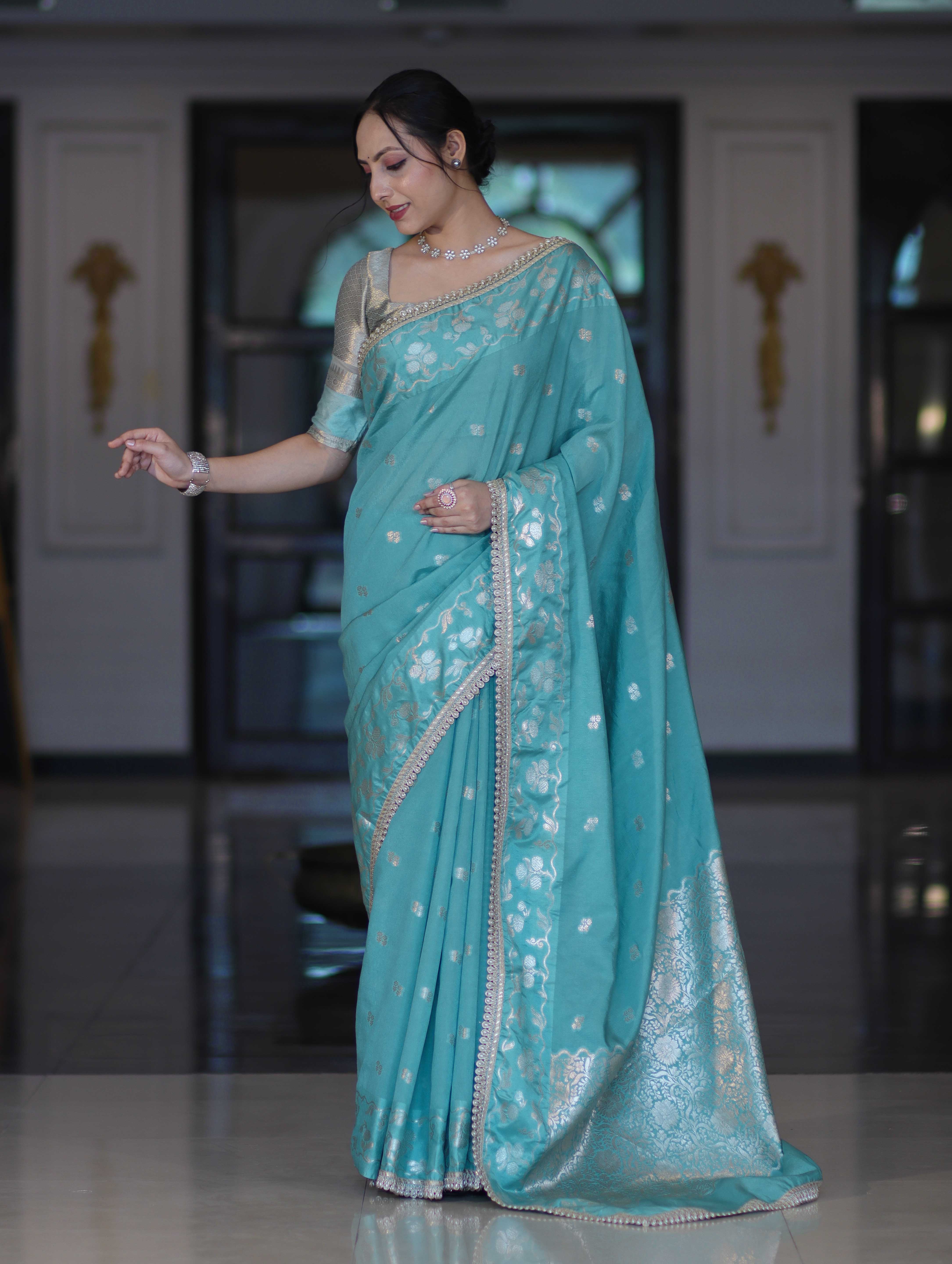 Banarasee Handloom Semi Silk Saree With Buti Design Zari Border & Lace-Light Blue