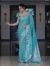 Banarasee Handloom Semi Silk Saree With Buti Design Zari Border & Lace-Light Blue