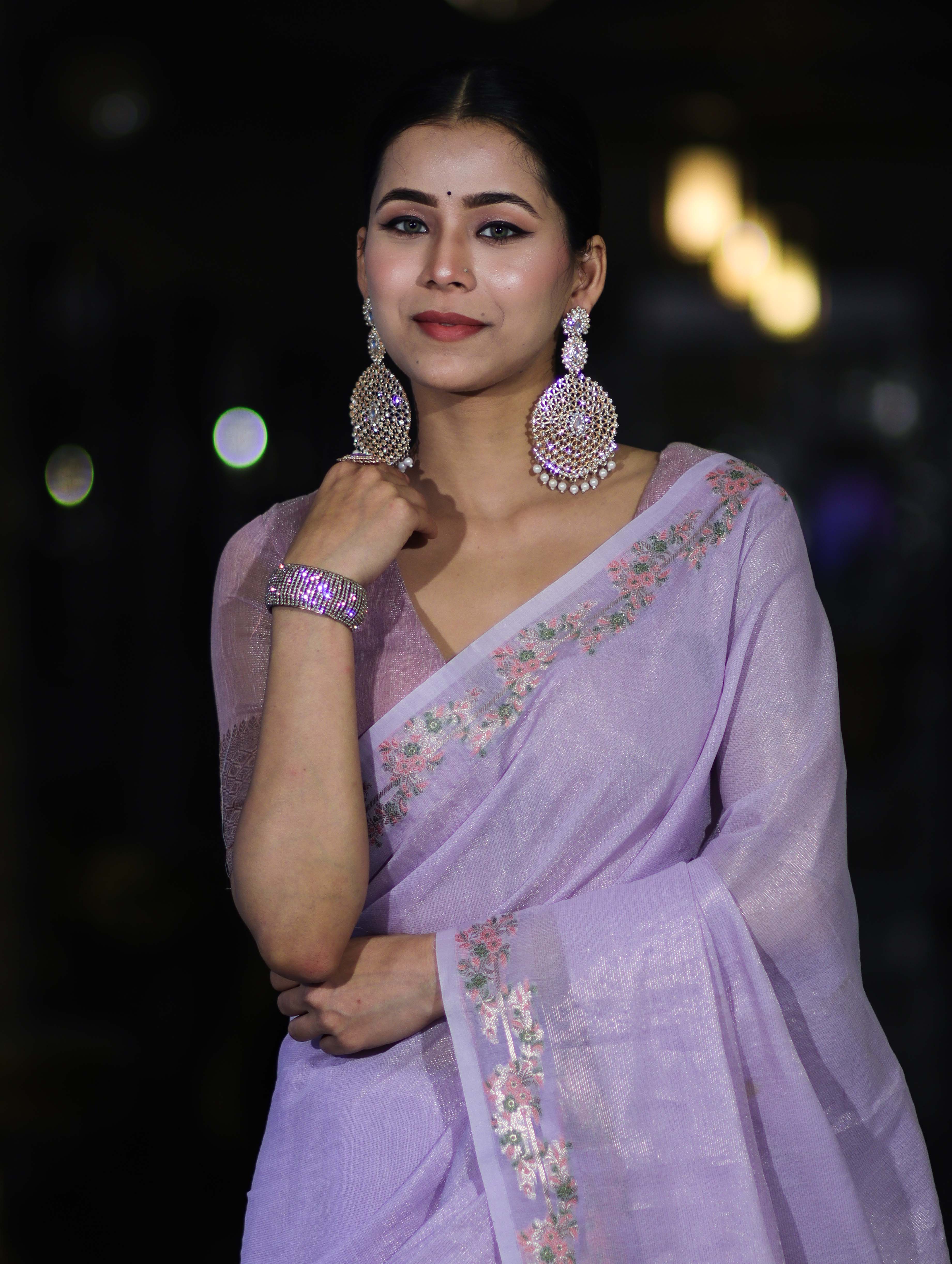 Banarasee Handloom Soft Tissue Shine Saree With Resham Floral Border-Lavender