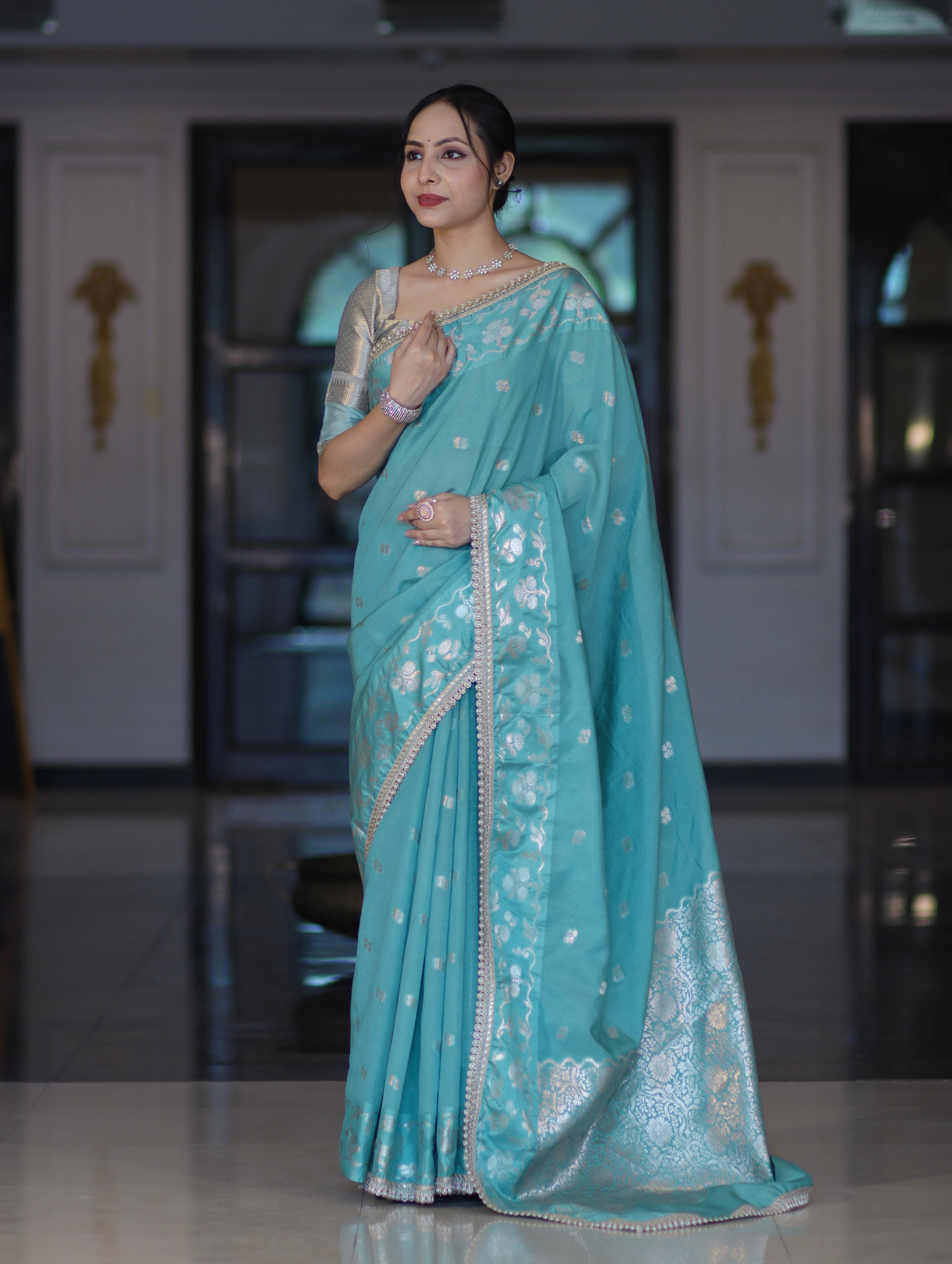 Banarasee Handloom Semi Silk Saree With Buti Design Zari Border & Lace-Light Blue