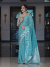 Banarasee Handloom Semi Silk Saree With Buti Design Zari Border & Lace-Light Blue