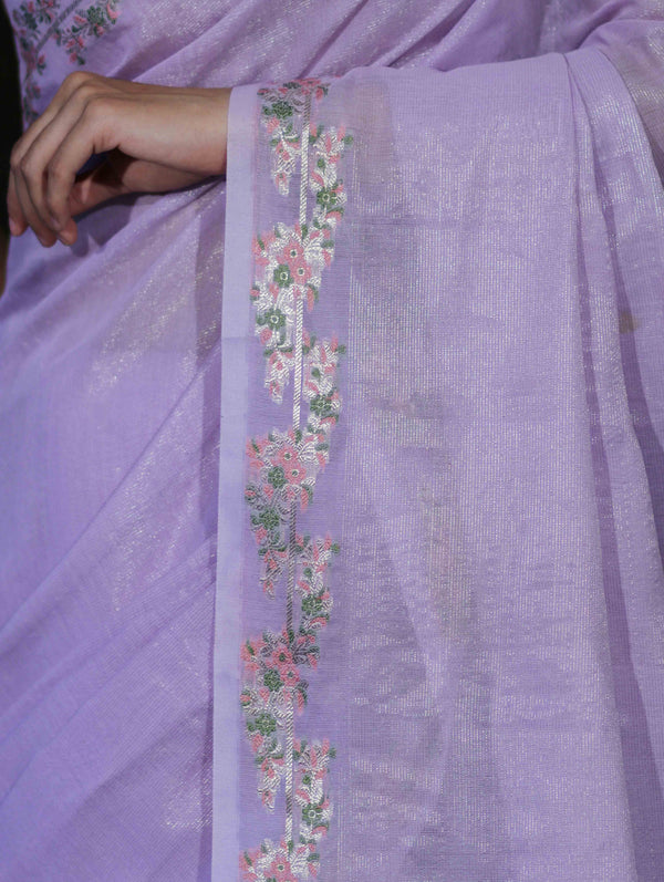Banarasee Handloom Soft Tissue Shine Saree With Resham Floral Border-Lavender