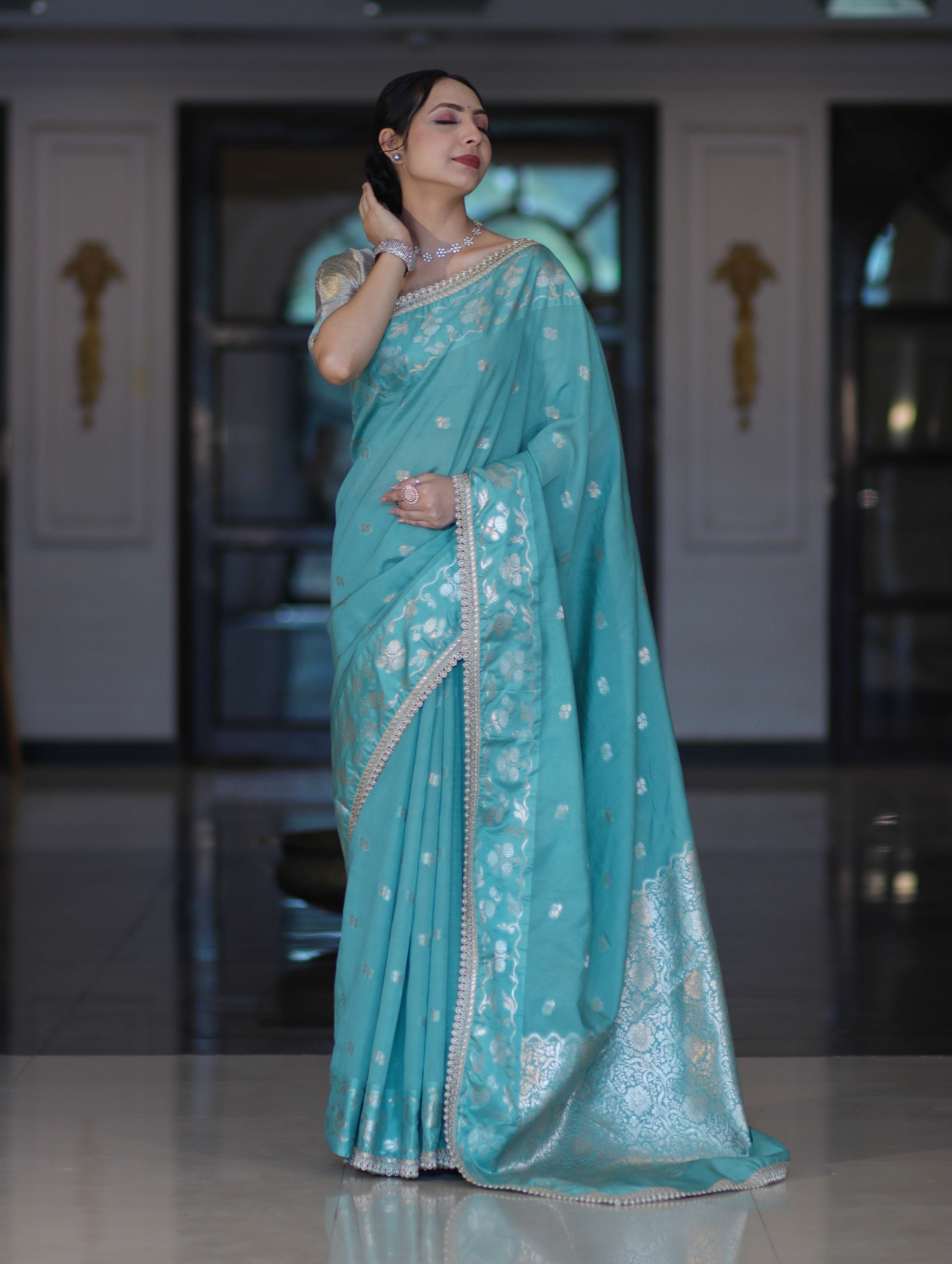 Banarasee Handloom Semi Silk Saree With Buti Design Zari Border & Lace-Light Blue