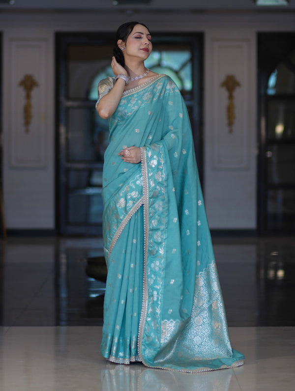 Banarasee Handloom Semi Silk Saree With Buti Design Zari Border & Lace-Light Blue