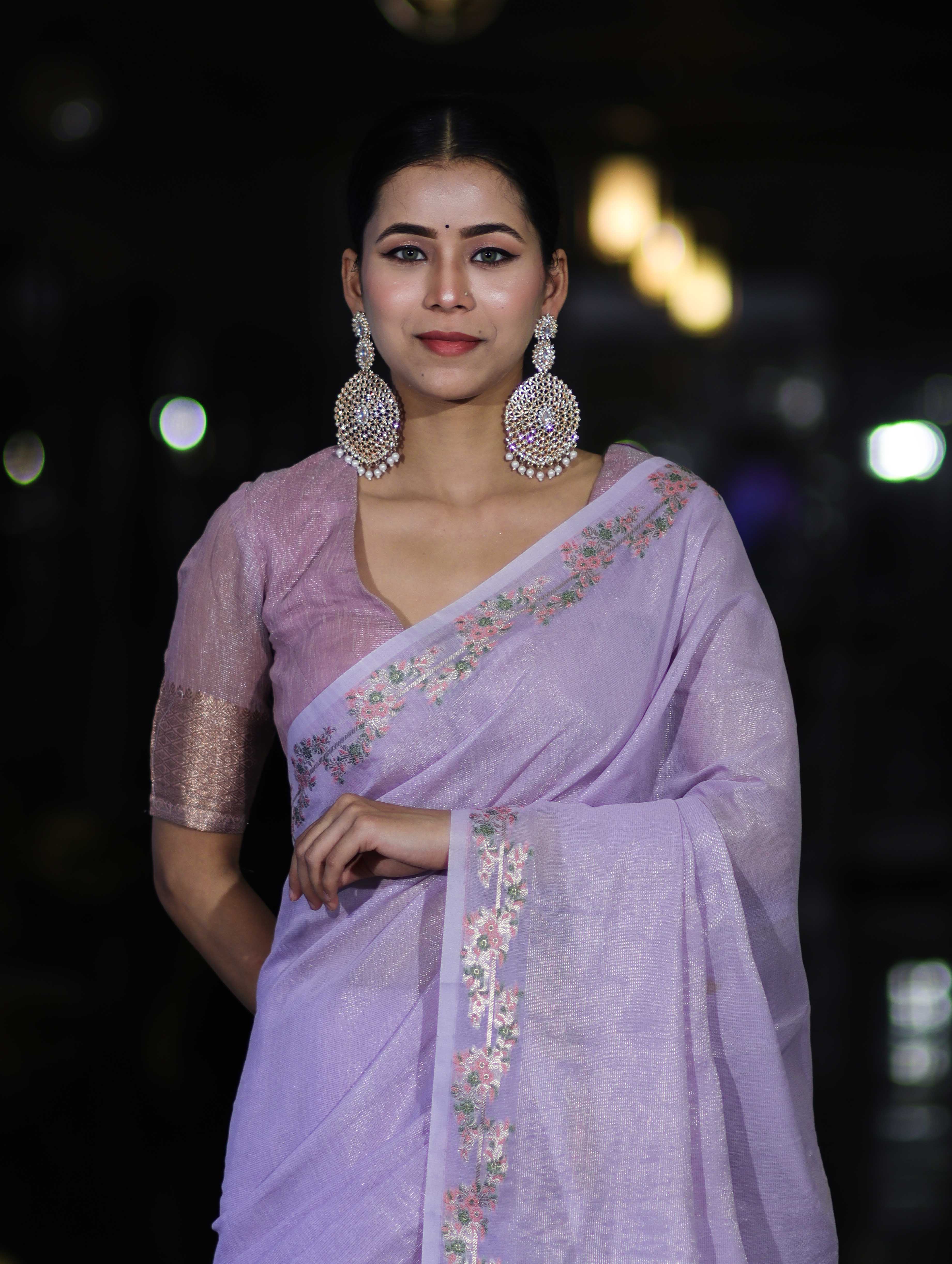 Banarasee Handloom Soft Tissue Shine Saree With Resham Floral Border-Lavender