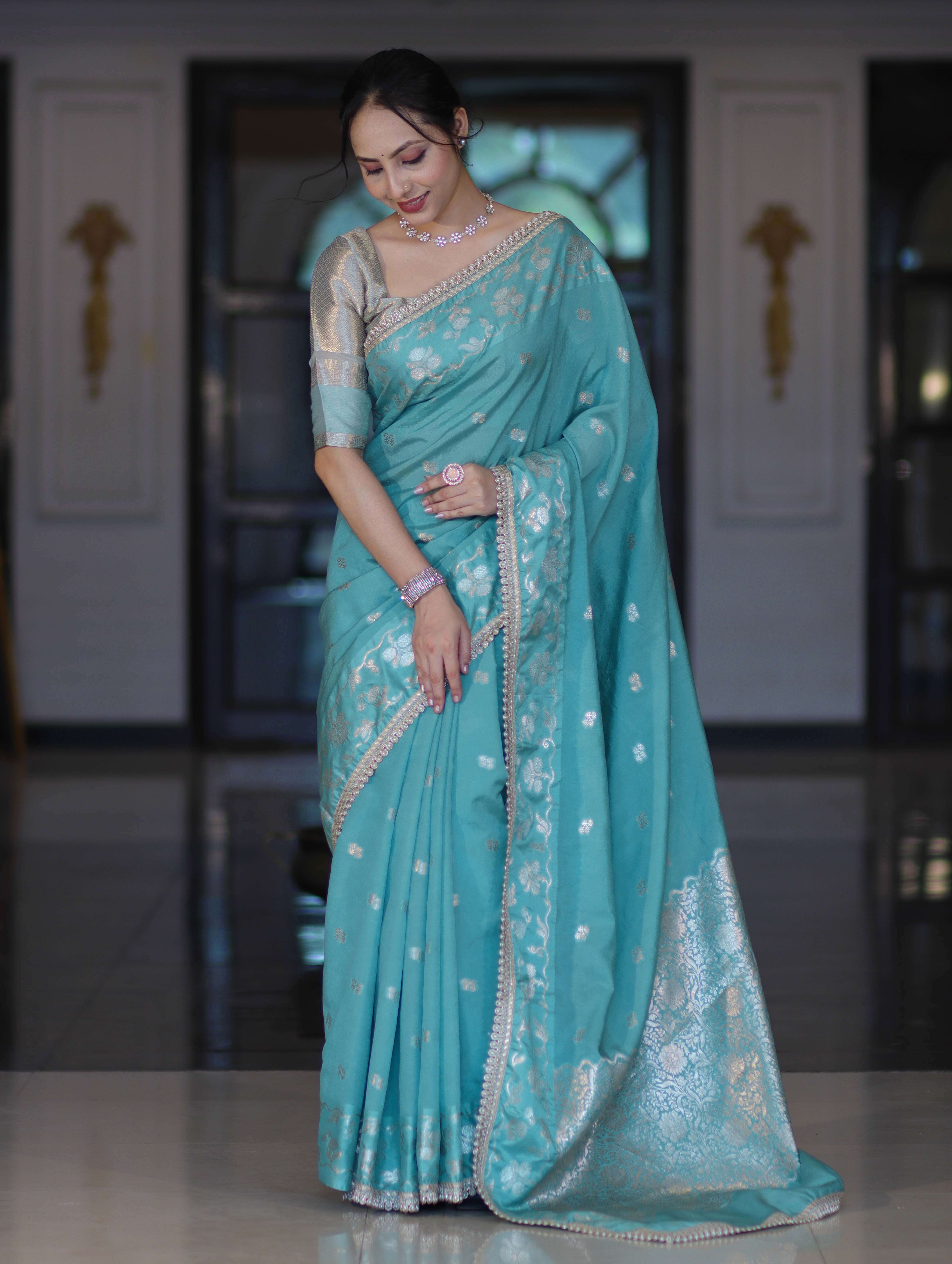 Banarasee Handloom Semi Silk Saree With Buti Design Zari Border & Lace-Light Blue