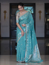 Banarasee Handloom Semi Silk Saree With Buti Design Zari Border & Lace-Light Blue
