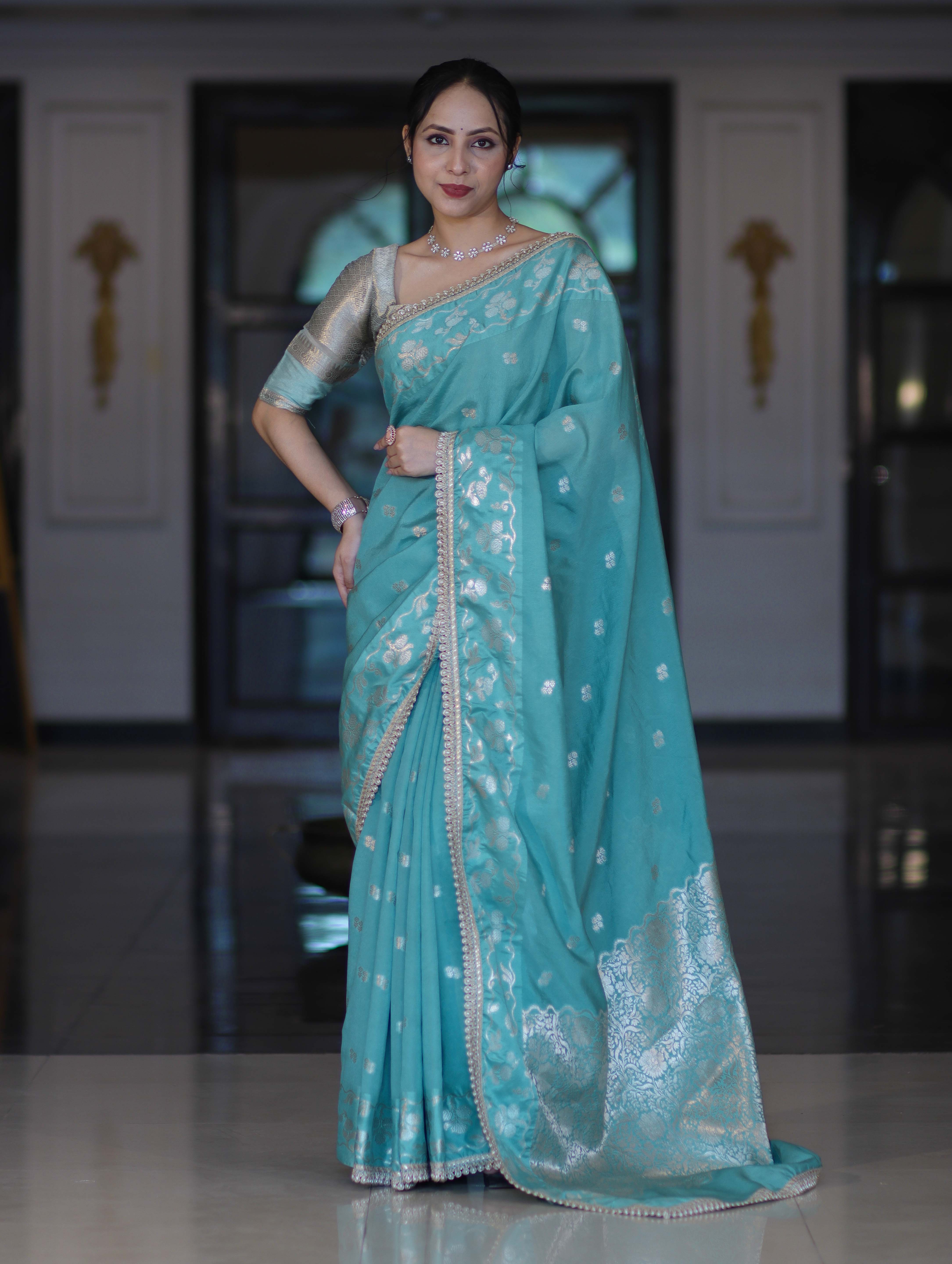 Banarasee Handloom Semi Silk Saree With Buti Design Zari Border & Lace-Light Blue
