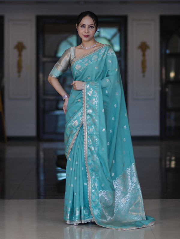 Banarasee Handloom Semi Silk Saree With Buti Design Zari Border & Lace-Light Blue