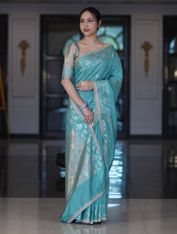 Banarasee Handloom Semi Silk Saree With Buti Design Zari Border & Lace-Light Blue
