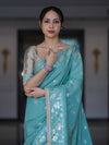 Banarasee Handloom Semi Silk Saree With Buti Design Zari Border & Lace-Light Blue