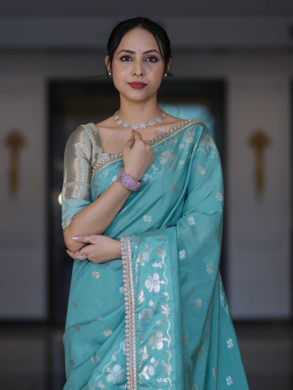 Banarasee Handloom Semi Silk Saree With Buti Design Zari Border & Lace-Light Blue