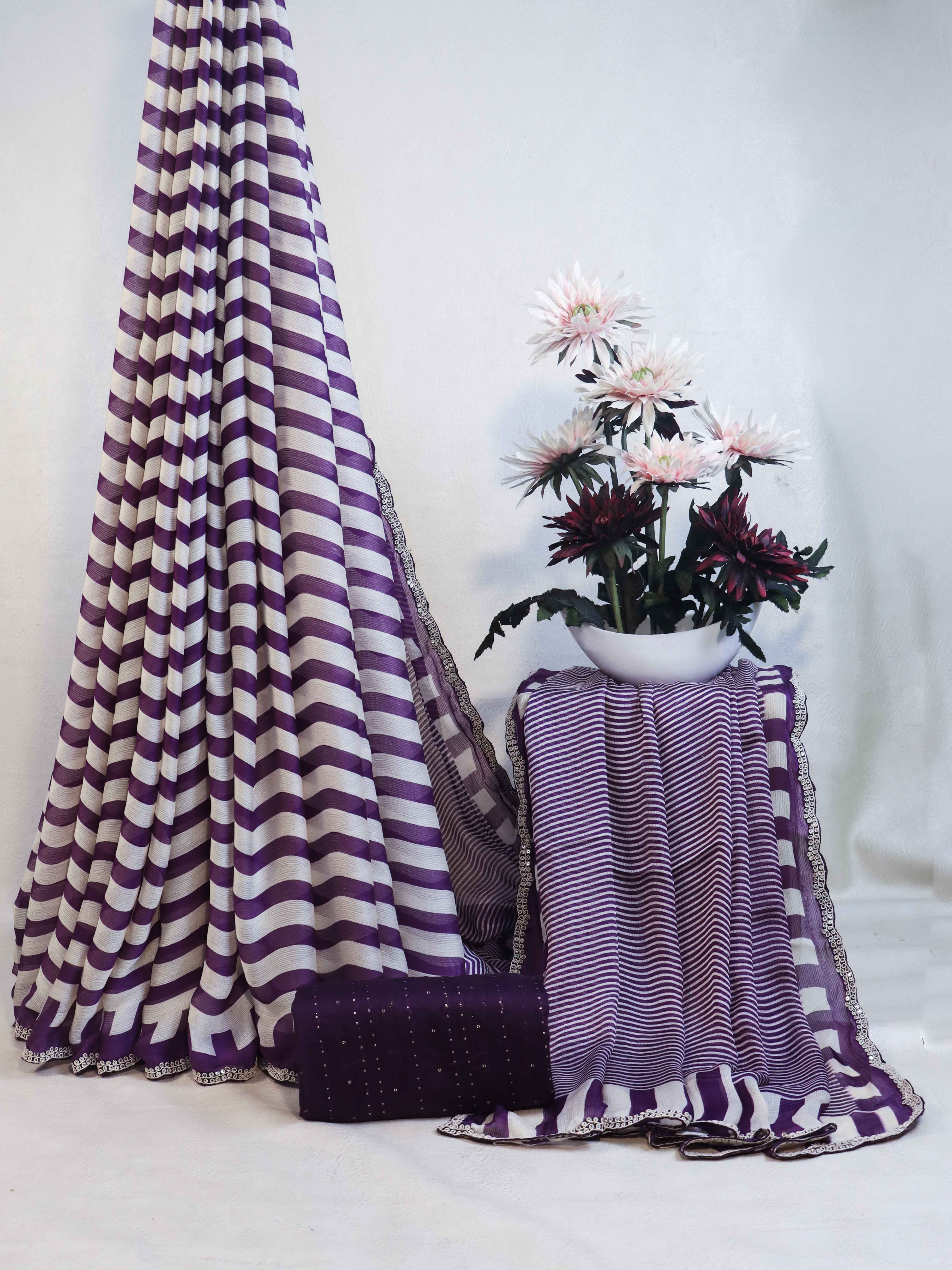 Banarasee Dual Color Chiffon Saree With Leheriya Design & Hand Work Border-Purple & White