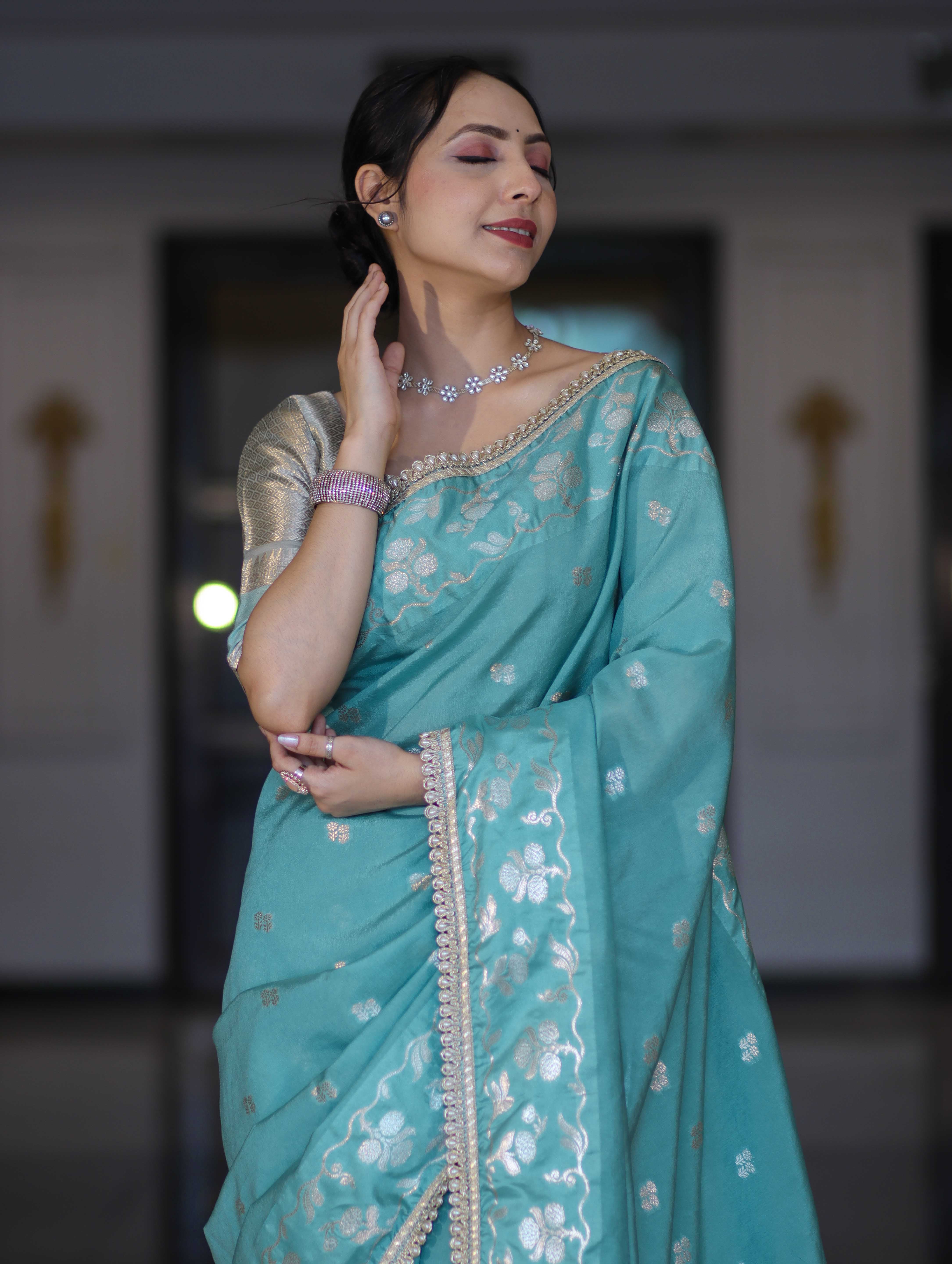 Banarasee Handloom Semi Silk Saree With Buti Design Zari Border & Lace-Light Blue