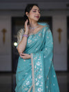 Banarasee Handloom Semi Silk Saree With Buti Design Zari Border & Lace-Light Blue