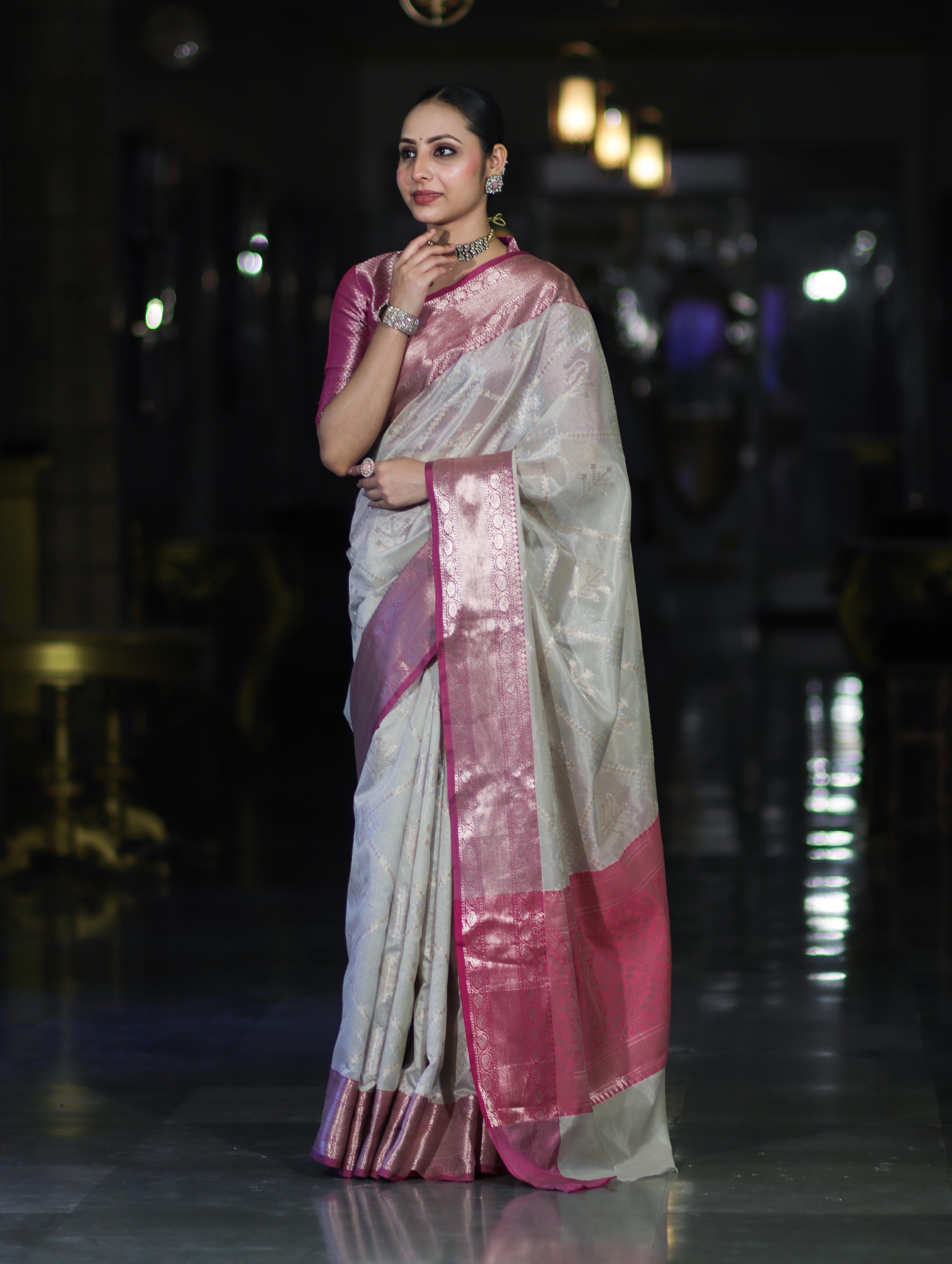 Banarasee Handloom Semi Silk Saree With Zari Jaal Work & Contrast Border-Off White & Magenta