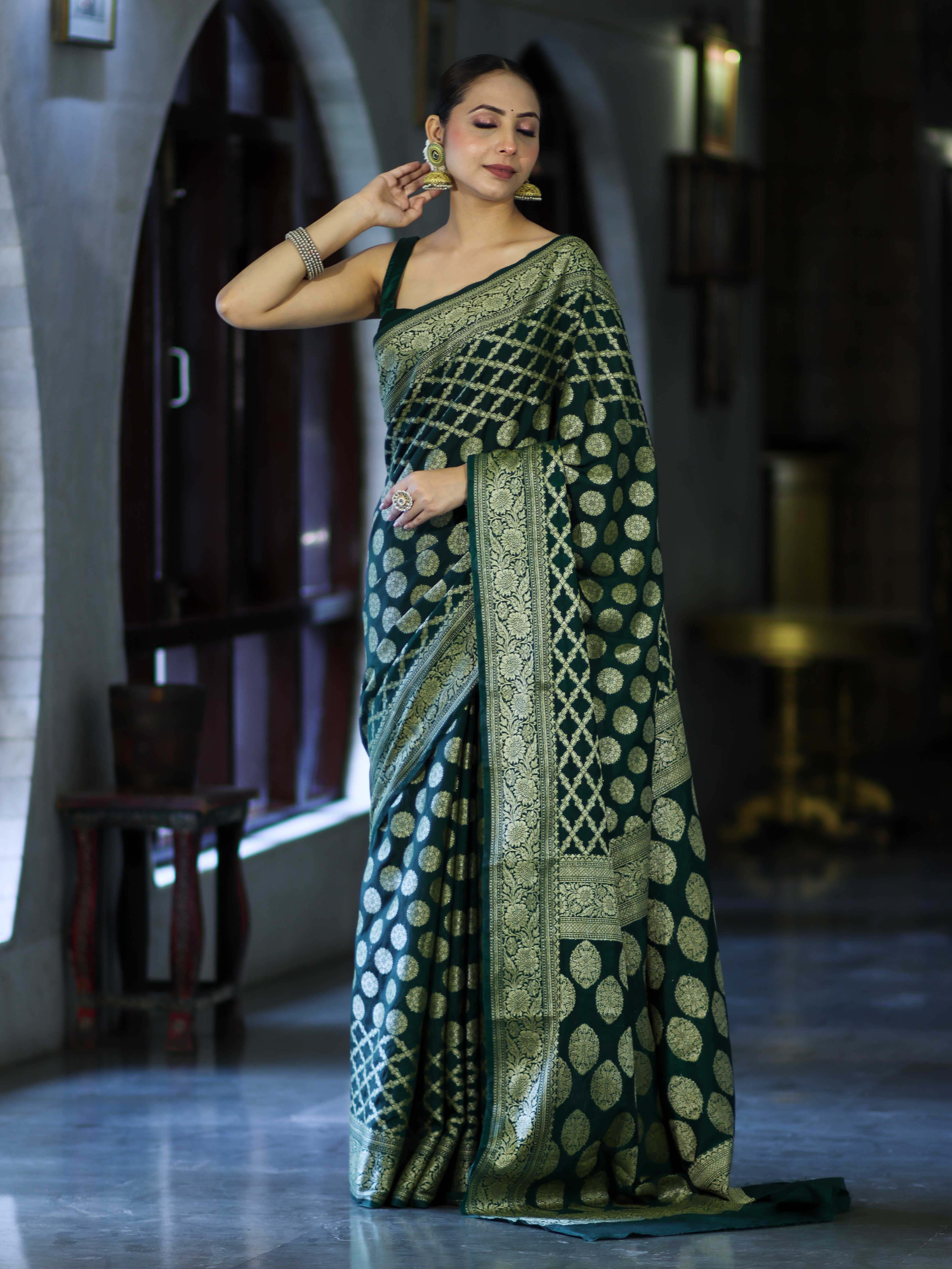 Banarasee Handloom Semi Silk Saree With Zari Jaal Design & Buta Work-Deep Green