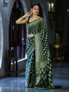 Banarasee Handloom Semi Silk Saree With Zari Jaal Design & Buta Work-Deep Green