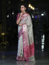 Banarasee Handloom Semi Silk Saree With Zari Jaal Work & Contrast Border-Off White & Magenta