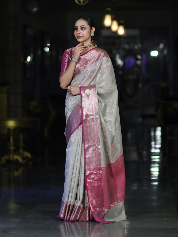 Banarasee Handloom Semi Silk Saree With Zari Jaal Work & Contrast Border-Off White & Magenta