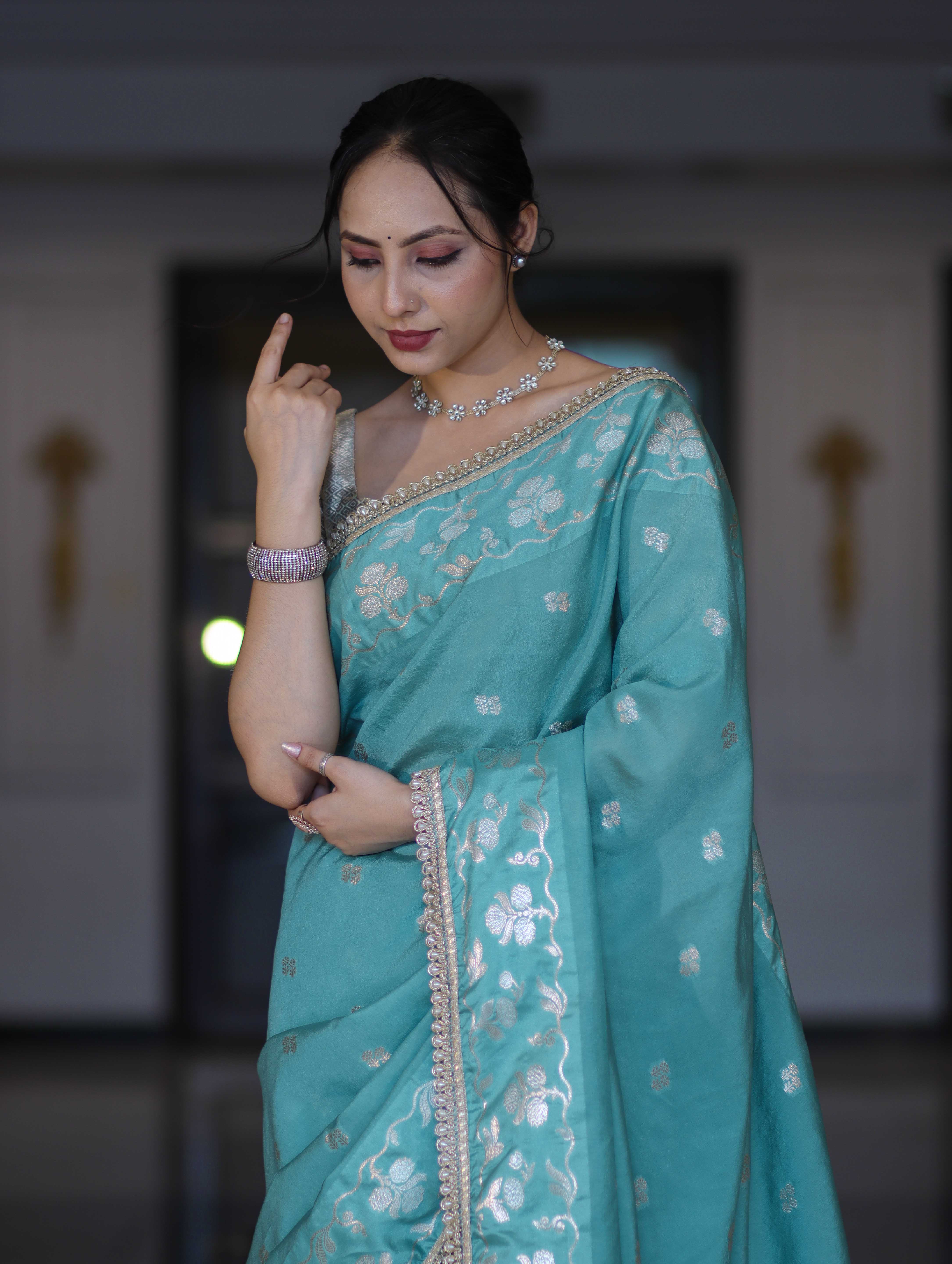 Banarasee Handloom Semi Silk Saree With Buti Design Zari Border & Lace-Light Blue