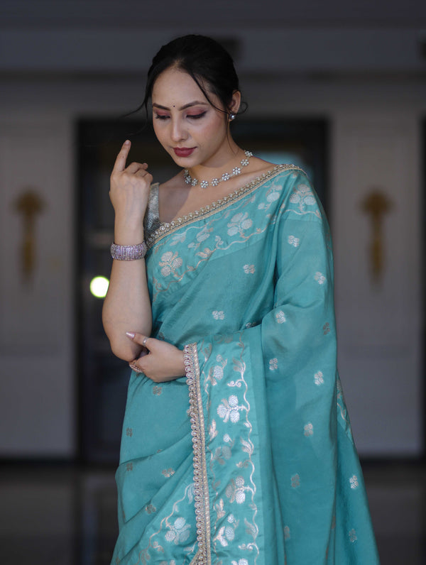 Banarasee Handloom Semi Silk Saree With Buti Design Zari Border & Lace-Light Blue