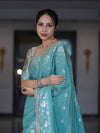Banarasee Handloom Semi Silk Saree With Buti Design Zari Border & Lace-Light Blue
