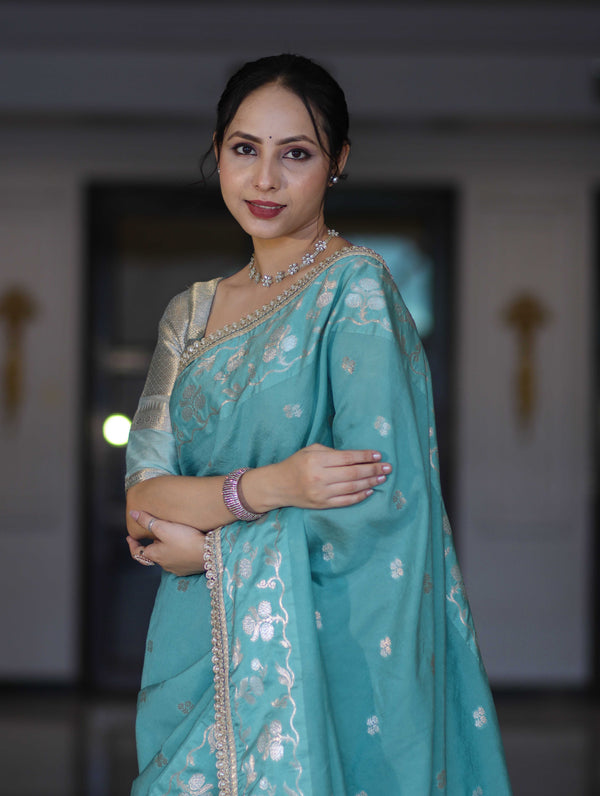 Banarasee Handloom Semi Silk Saree With Buti Design Zari Border & Lace-Light Blue