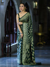 Banarasee Handloom Semi Silk Saree With Zari Jaal Design & Buta Work-Deep Green