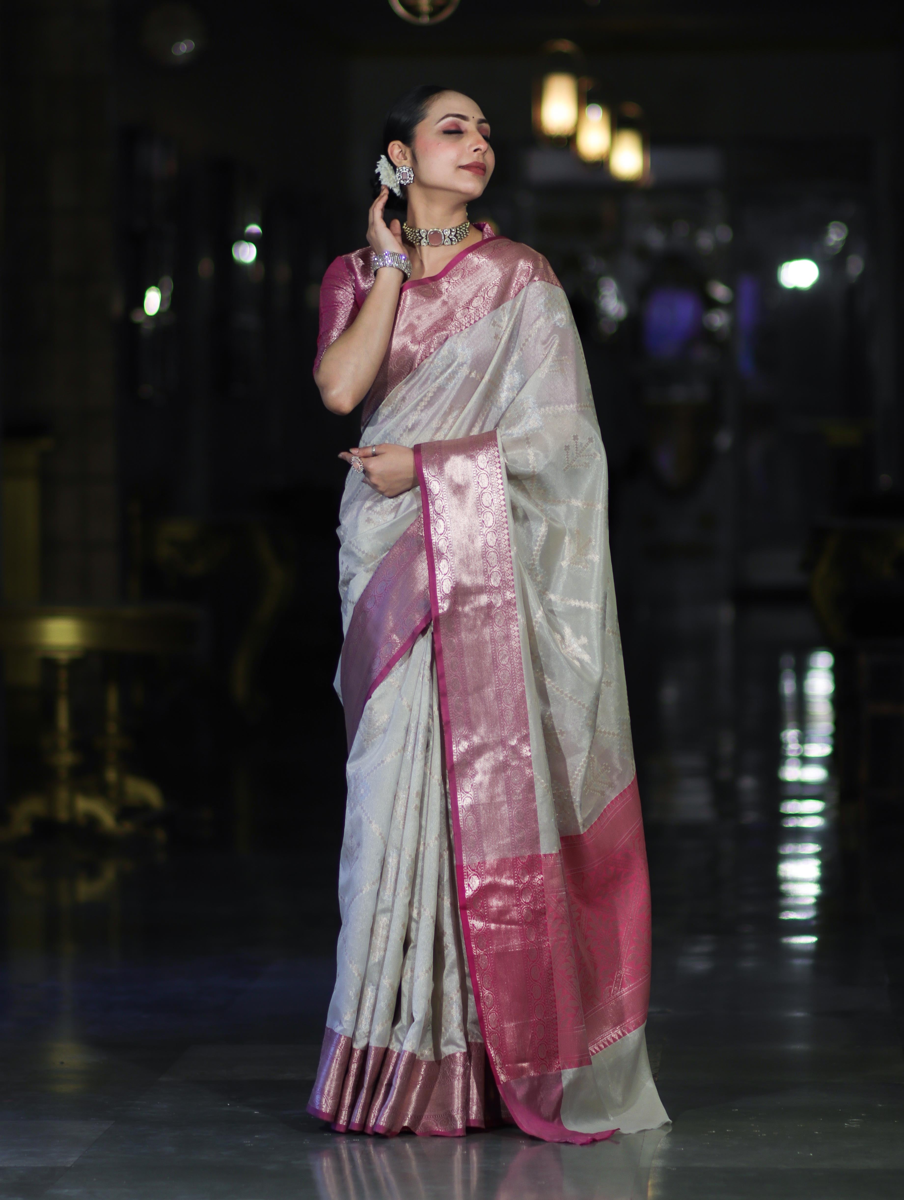 Banarasee Handloom Semi Silk Saree With Zari Jaal Work & Contrast Border-Off White & Magenta