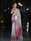 Banarasee Handloom Semi Silk Saree With Zari Jaal Work & Contrast Border-Off White & Magenta