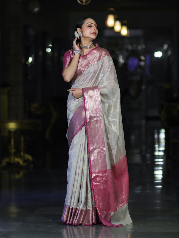 Banarasee Handloom Semi Silk Saree With Zari Jaal Work & Contrast Border-Off White & Magenta