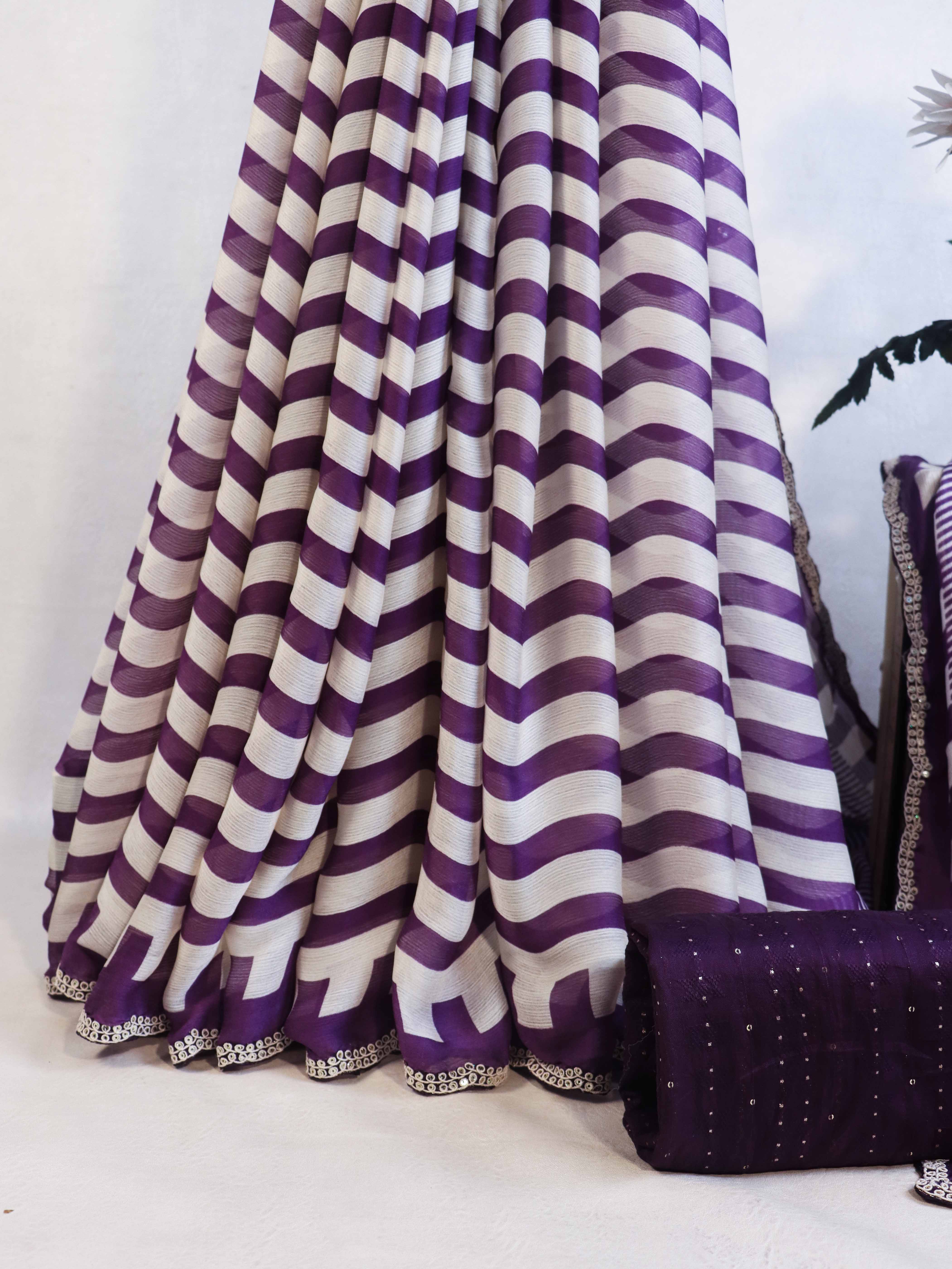 Banarasee Dual Color Chiffon Saree With Leheriya Design & Hand Work Border-Purple & White