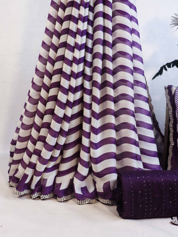 Banarasee Dual Color Chiffon Saree With Leheriya Design & Hand Work Border-Purple & White