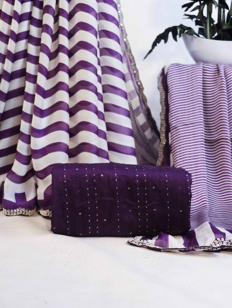 Banarasee Dual Color Chiffon Saree With Leheriya Design & Hand Work Border-Purple & White
