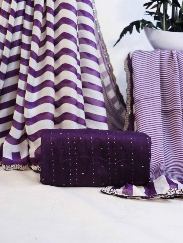 Banarasee Dual Color Chiffon Saree With Leheriya Design & Hand Work Border-Purple & White