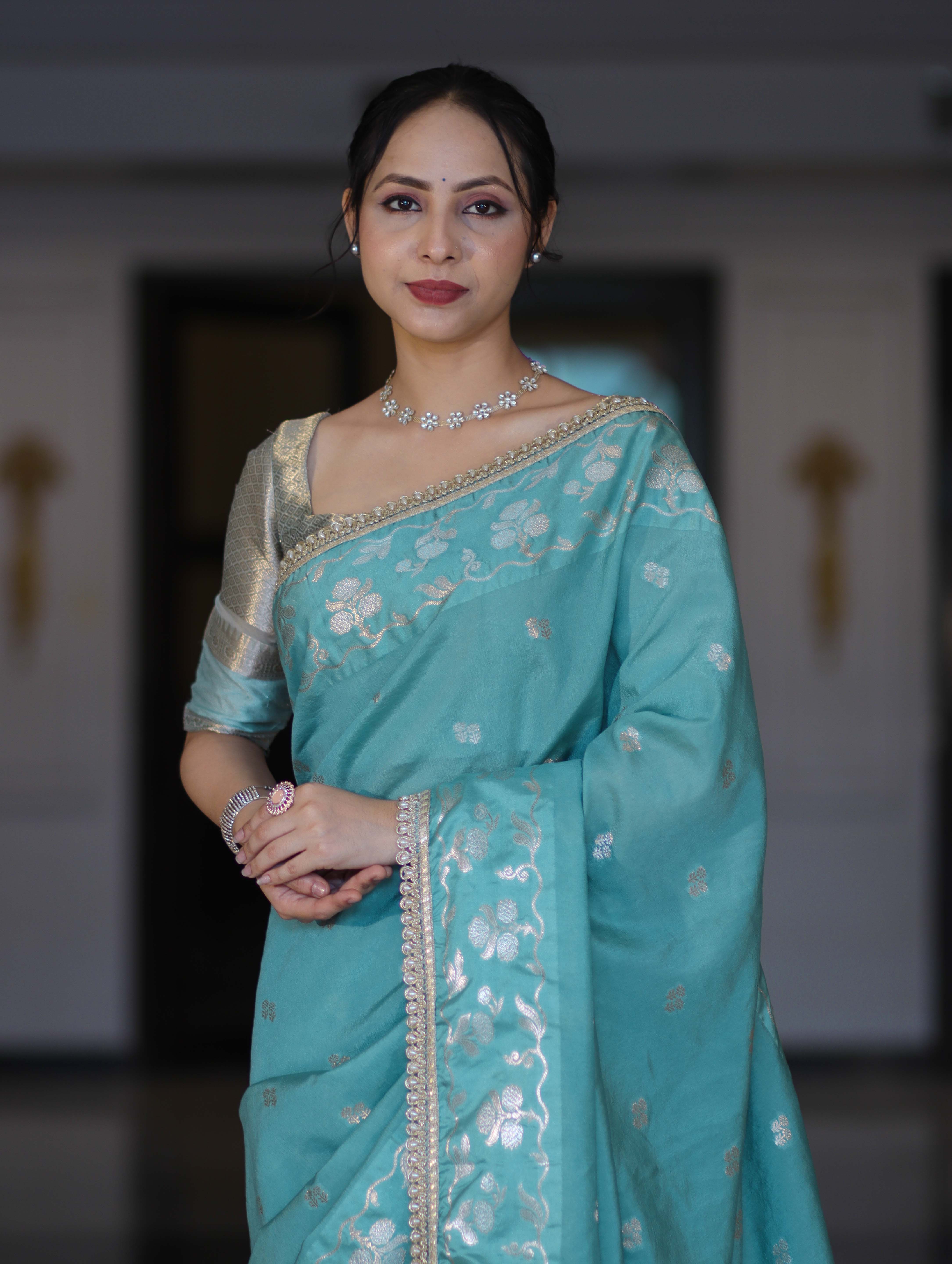 Banarasee Handloom Semi Silk Saree With Buti Design Zari Border & Lace-Light Blue