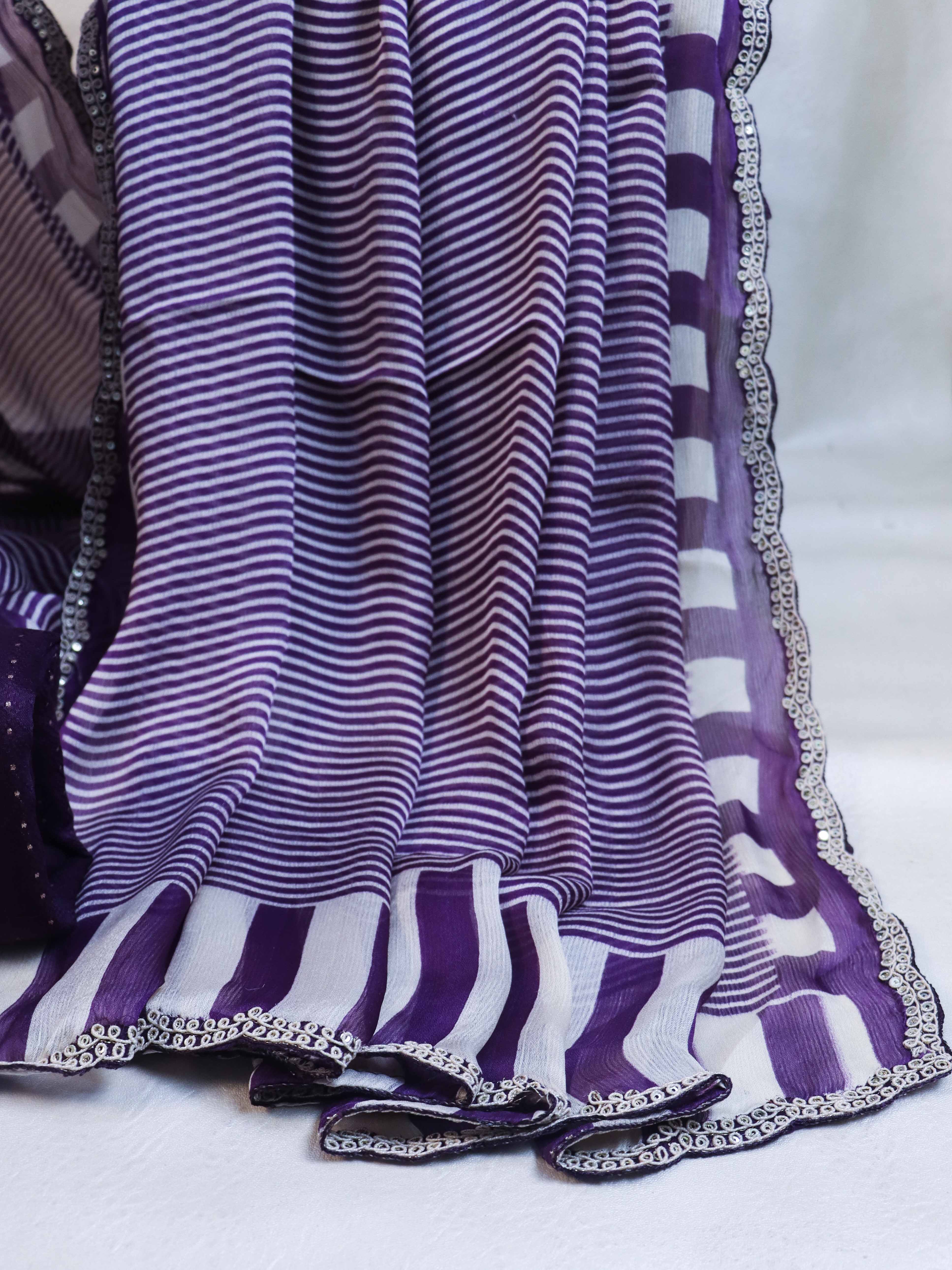 Banarasee Dual Color Chiffon Saree With Leheriya Design & Hand Work Border-Purple & White