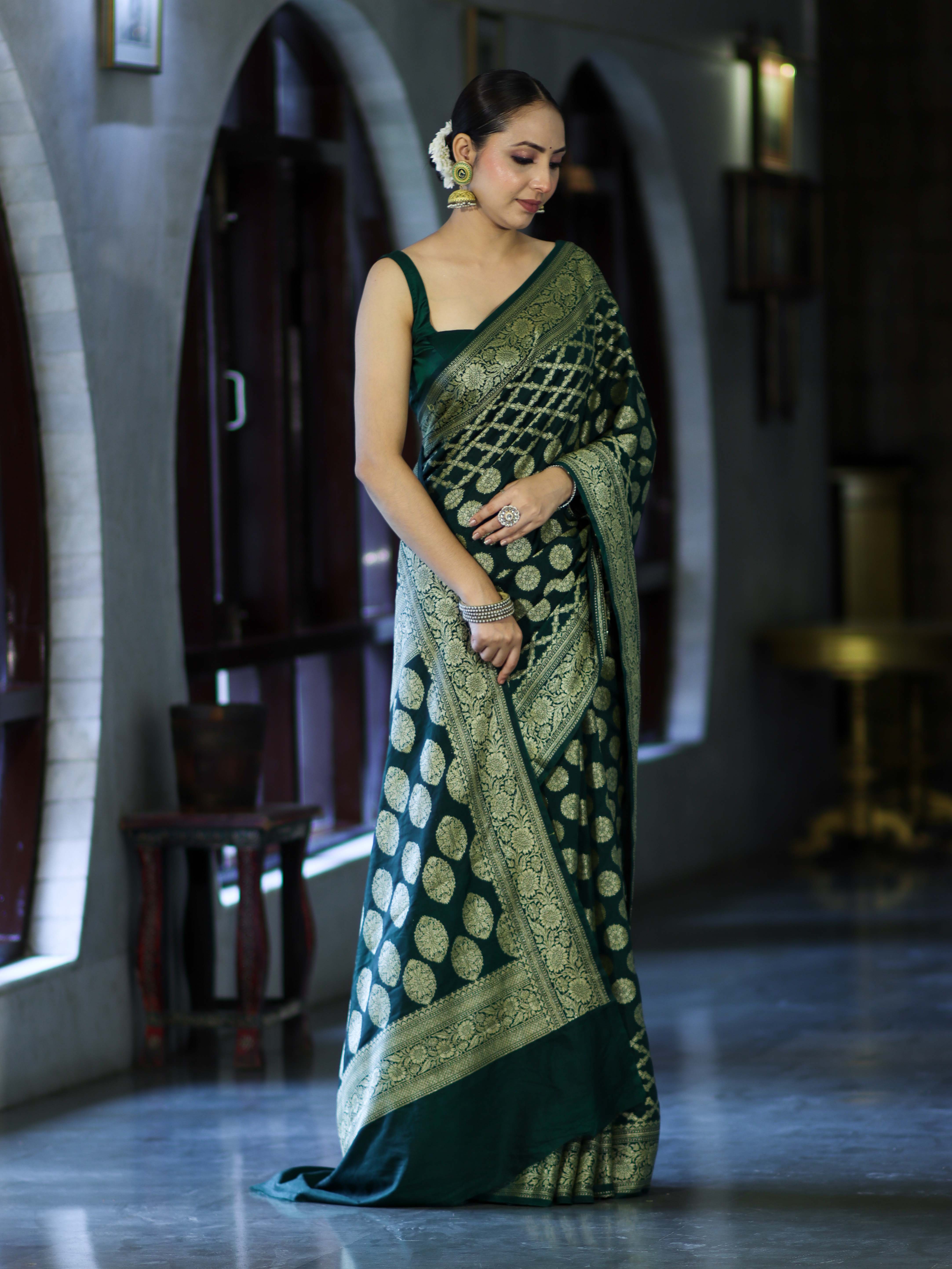 Banarasee Handloom Semi Silk Saree With Zari Jaal Design & Buta Work-Deep Green